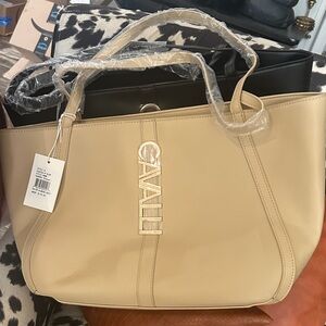 Roberto Cavalli Beige Leather Tote with Gold Logo